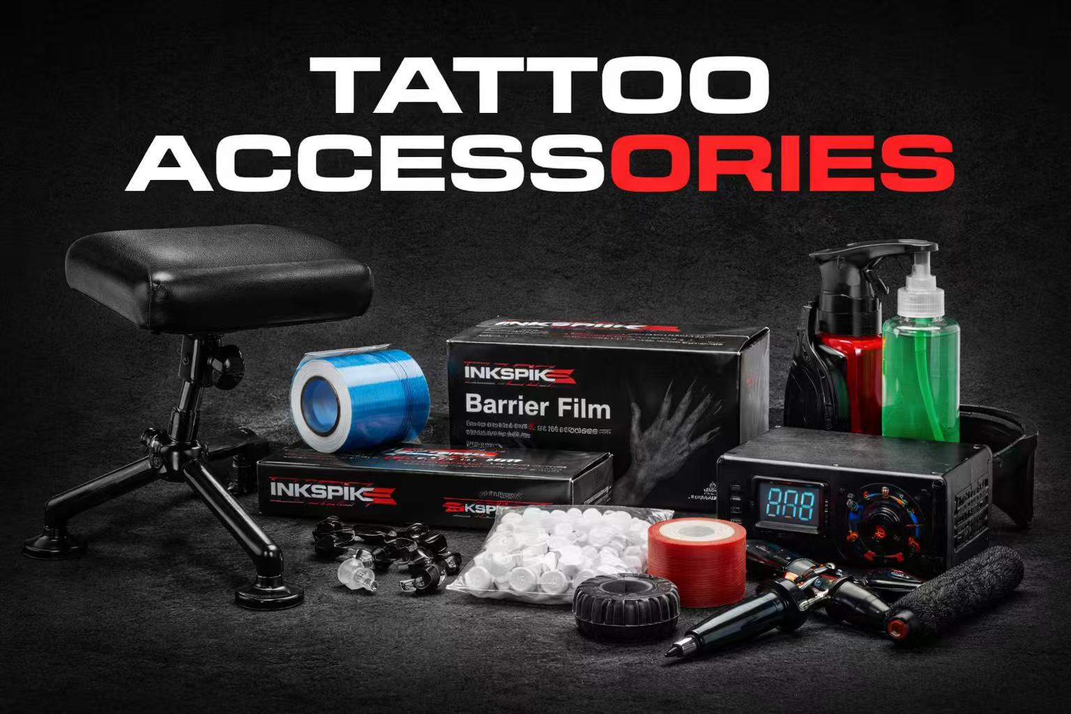 Tattoo accessories including barrier film, ink caps and studio tools