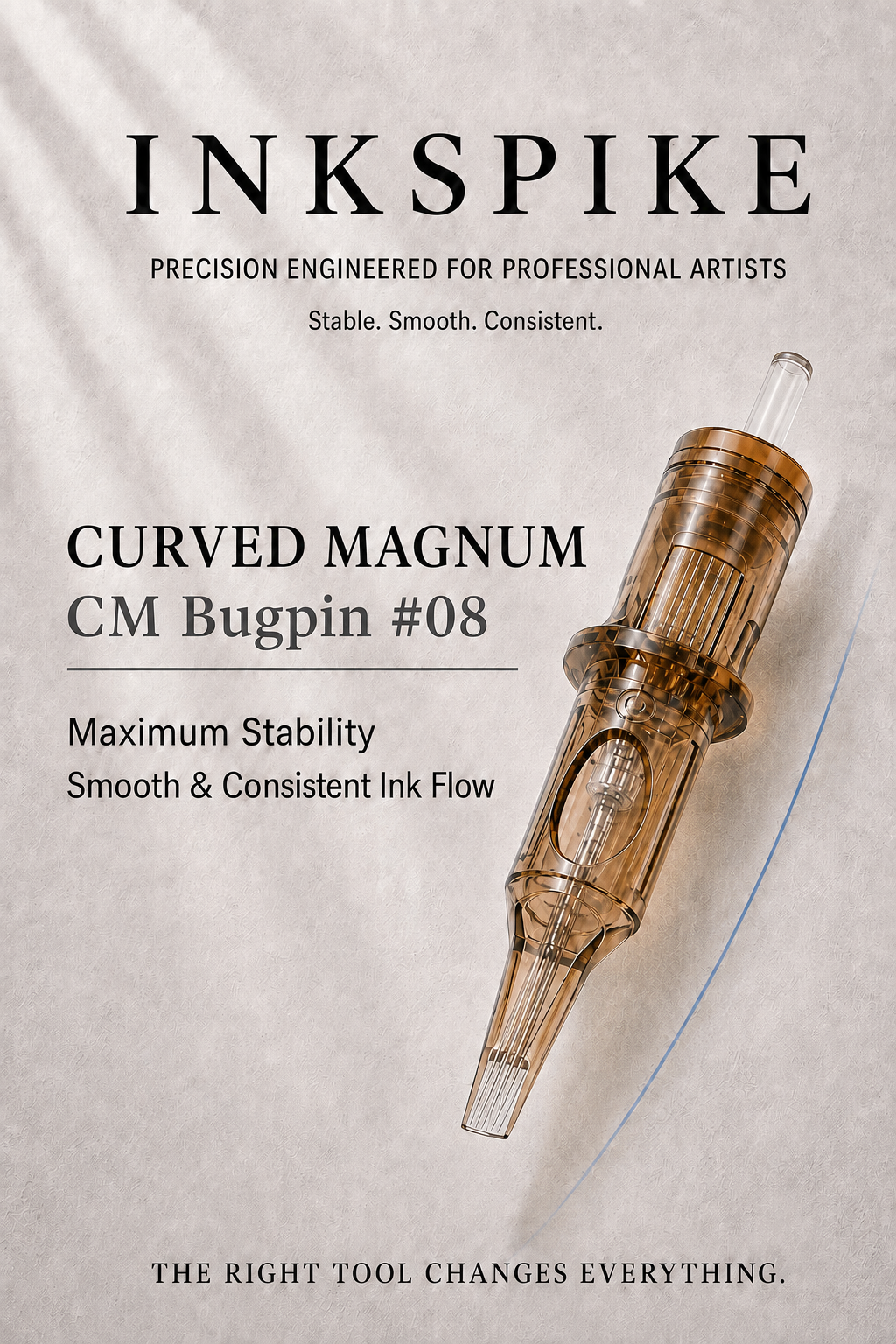Inkspike Bugpin ( #08)  Curved Magnum Tattoo Cartridge Needles Product Features Infographic – Semi-Curved Magnum Design for Smooth Shading, Soft Blending and Consistent Ink Flow