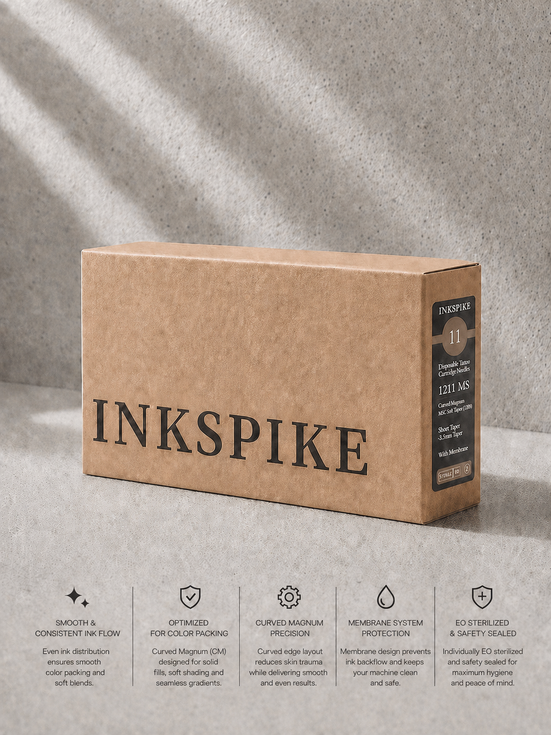 Inkspike Magnum Shader (#1211MS) tattoo cartridge needle featuring flat magnum needle configuration, high stability, smooth ink flow, and consistent color packing for professional tattoo shading