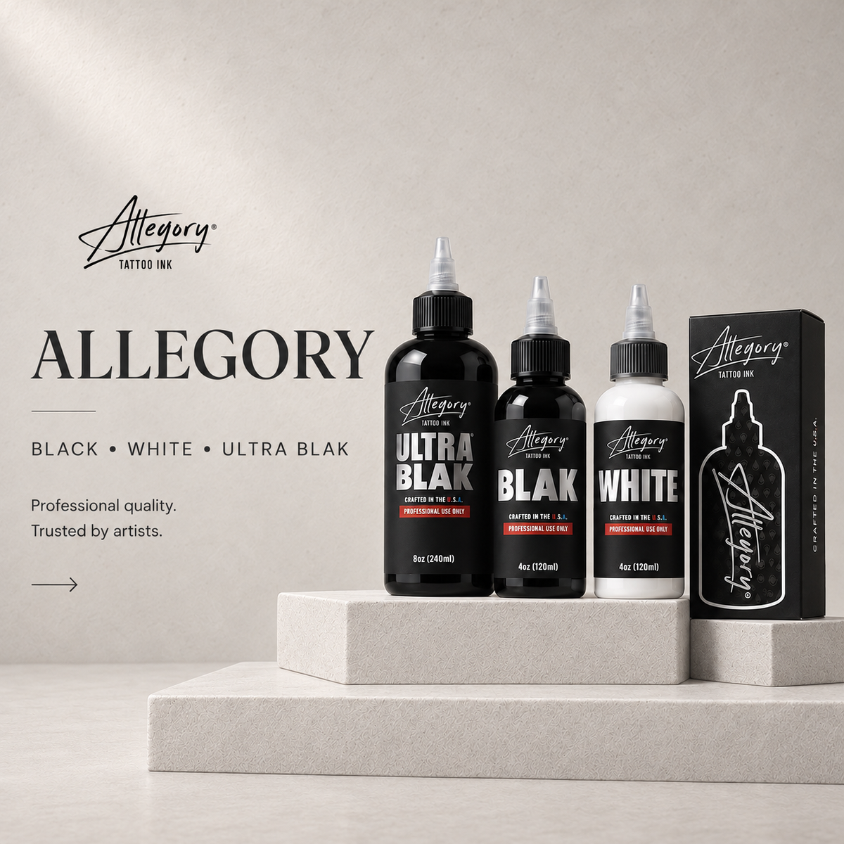 Allegory Ink color collection tattoo ink bottles in assorted colors on a neutral display