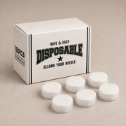 Disposable tattoo needle cleaning dip caps, individually packed and E.O. sterilized, designed for quick and easy cleaning of tattoo cartridge needles between colors.