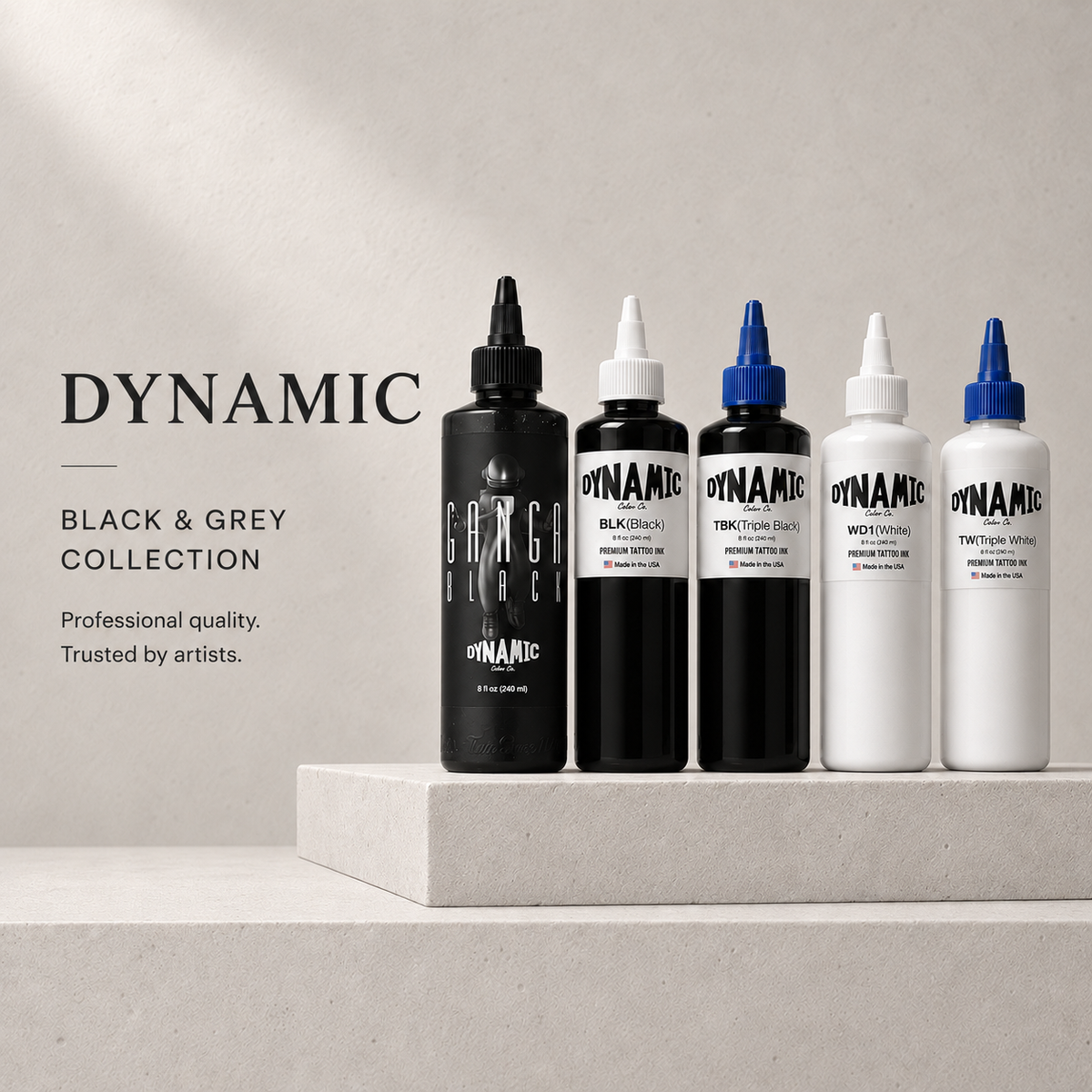 Dynamic Ink color collection tattoo ink bottles in assorted colors on a neutral display