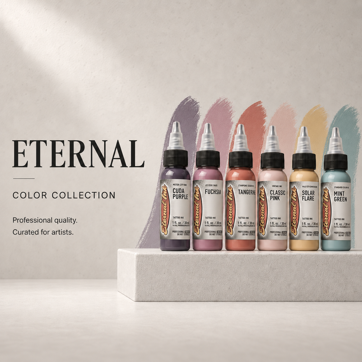 Eternal Ink color collection tattoo ink bottles in assorted colors on a neutral display