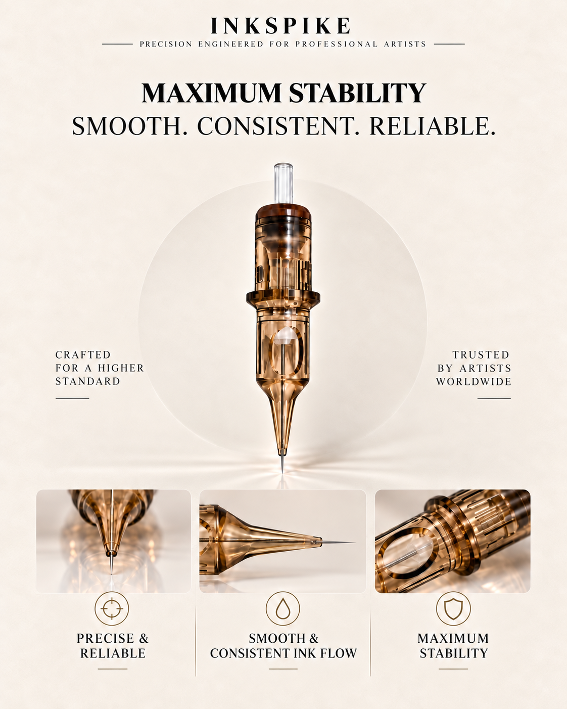 Inkspike SUPER STABLE tattoo cartridge needles banner highlighting maximum stability, smooth consistent ink flow, reliable performance, ultra-fine precision, and clean consistent lines.