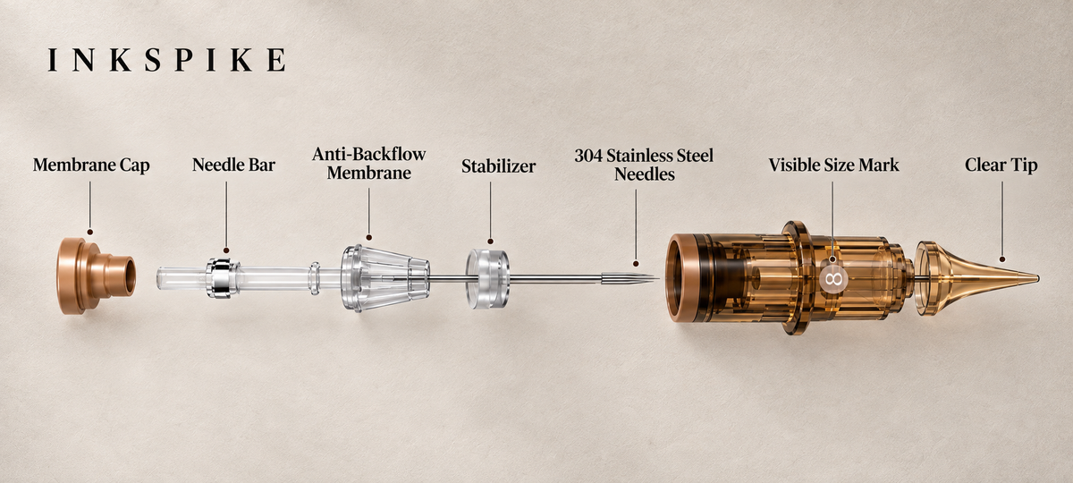 Inkspike stable tattoo cartridge needle exploded view with internal stabilizer and anti-backflow membrane designed to reduce needle wobble for precise, consistent tattooing.
