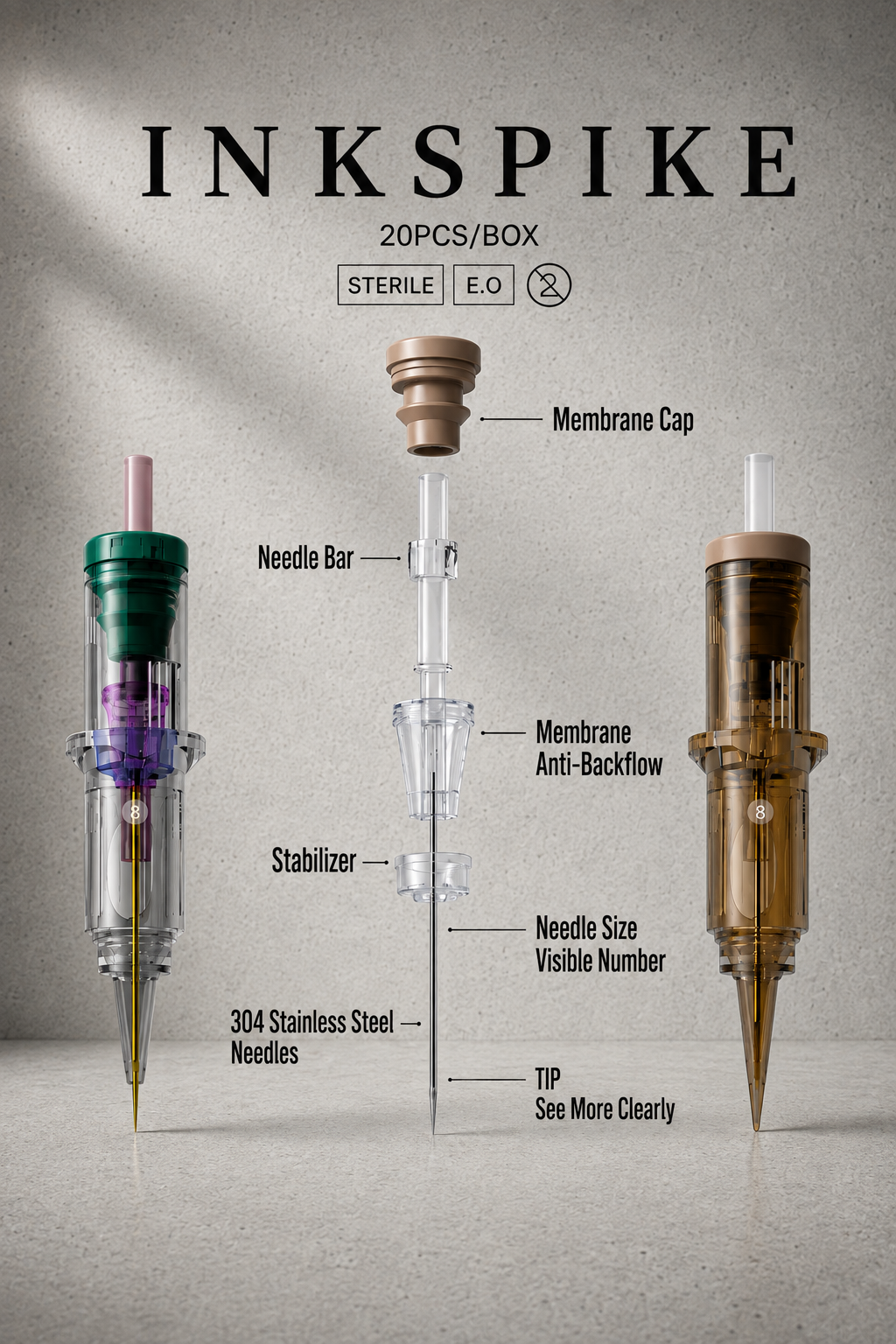 Exploded view of Inkspike professional tattoo cartridge needle showing the stabilizer, membrane, needle bar, and internal components