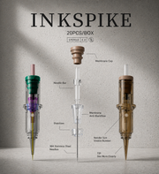 Exploded view of Inkspike professional tattoo cartridge needle showing the stabilizer, membrane, needle bar, and internal components