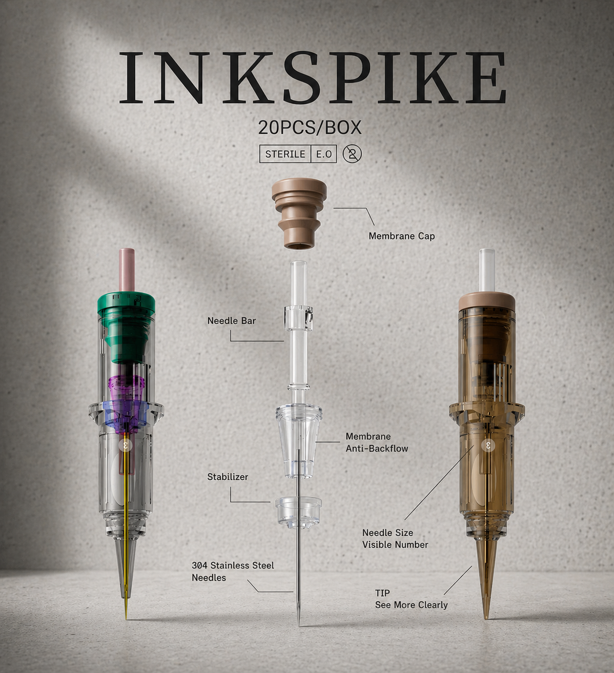 Exploded view of Inkspike professional tattoo cartridge needle showing the stabilizer, membrane, needle bar, and internal components
