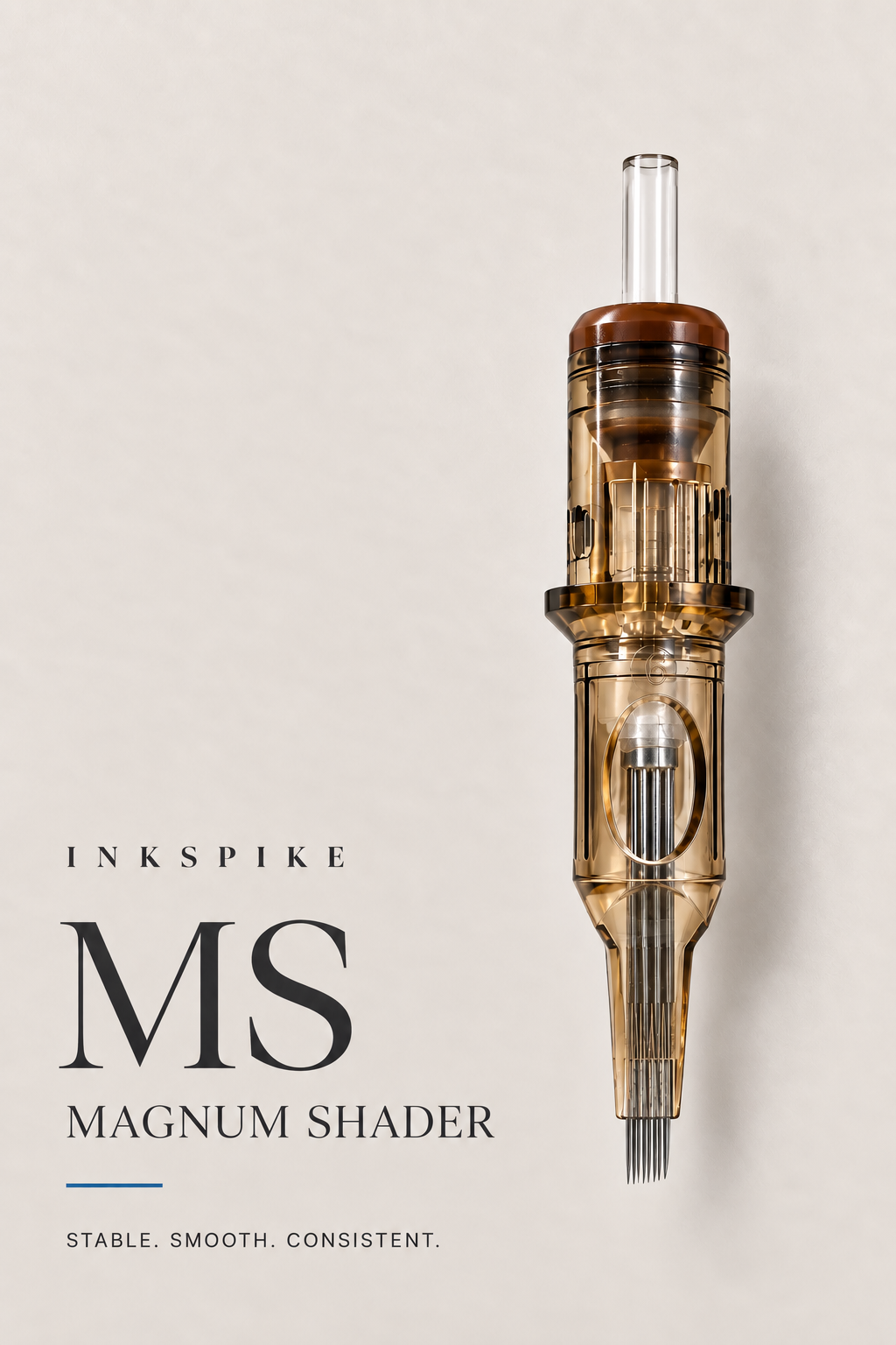 Inkspike Magnum Shader (MS) tattoo cartridge needle featuring flat magnum needle configuration, high stability, smooth ink flow, and consistent color packing for professional tattoo shading.