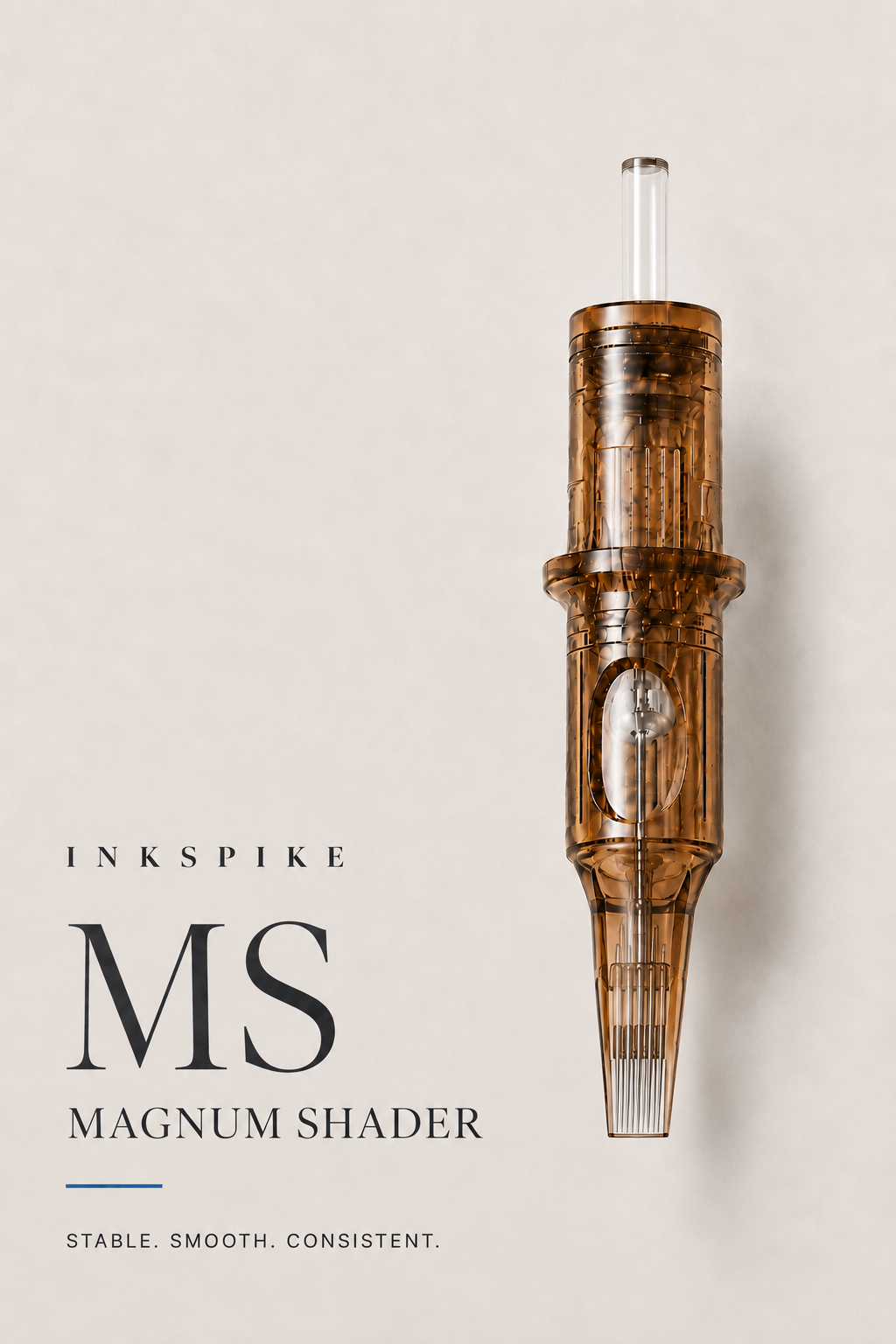 Inkspike Magnum Shader (MS) tattoo cartridge needle featuring flat magnum needle configuration, high stability, smooth ink flow, and consistent color packing for professional tattoo shading.