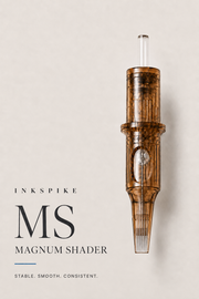 Inkspike Magnum Shader (MS) tattoo cartridge needle featuring flat magnum needle configuration, high stability, smooth ink flow, and consistent color packing for professional tattoo shading.
