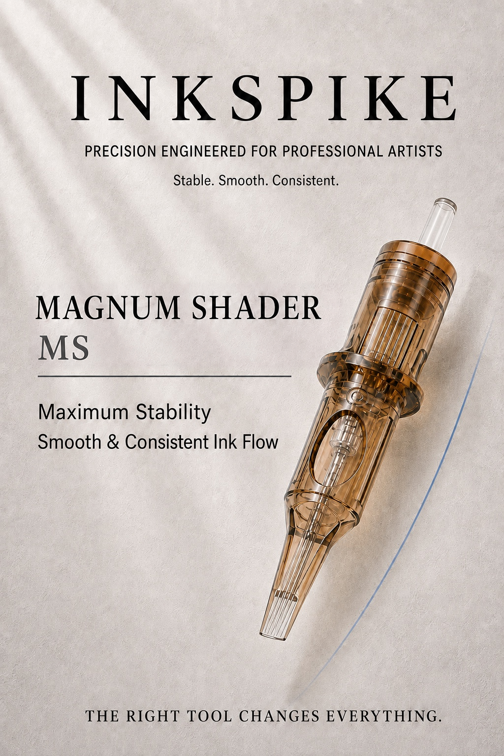 Inkspike Magnum Shader (MS) tattoo cartridge needle featuring flat magnum needle configuration, high stability, smooth ink flow, and consistent color packing for professional tattoo shading.