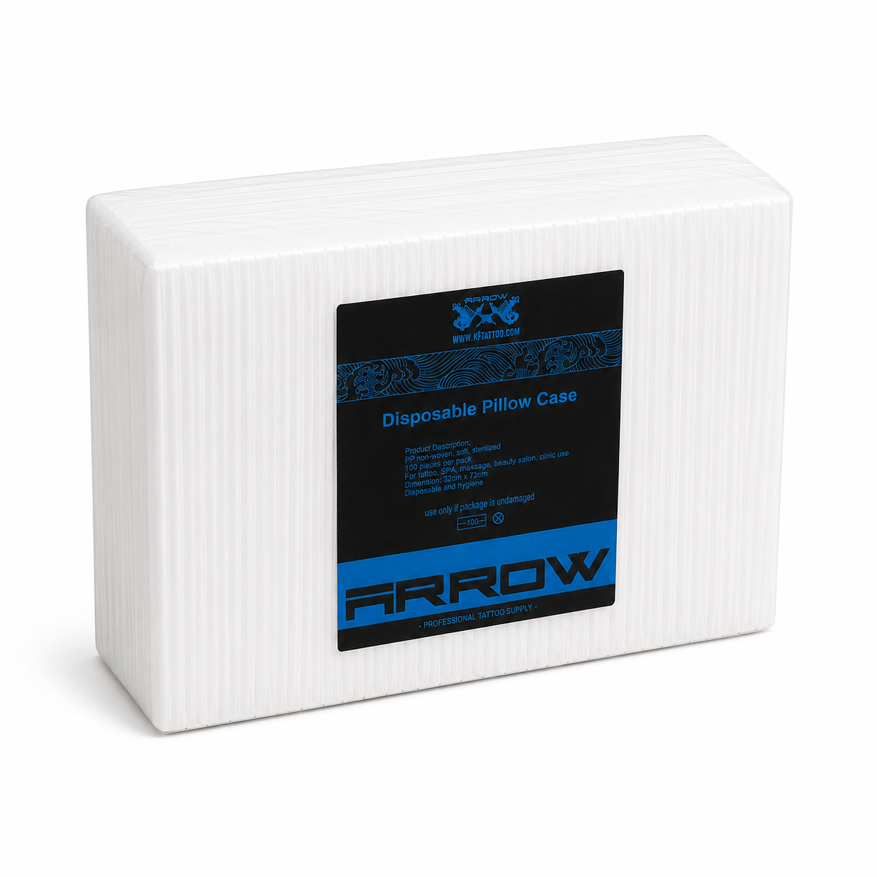 A white, rectangular, ribbed disposable pillow case with a black and blue label on the front, branded ARROW by Skybound.