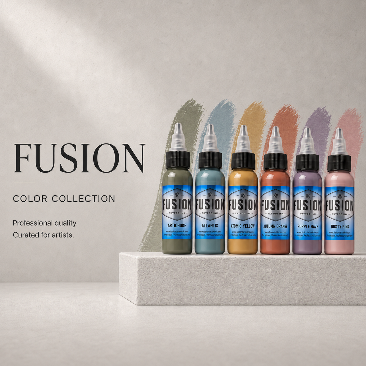 Fusion Ink color collection tattoo ink bottles in assorted colors on a neutral display