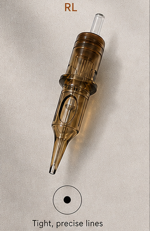 Close-up of Inkspike bugpin round liner tattoo cartridge needle for precise lining and crisp outline