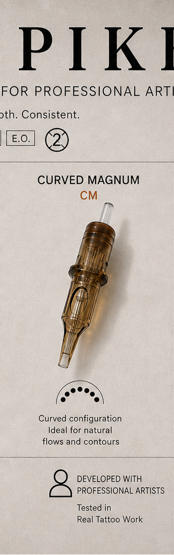 Close-up of Inkspike curved magnum tattoo cartridge needle for smooth shading and natural contours