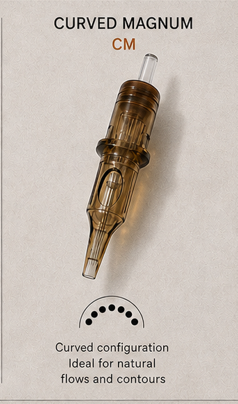Close-up of Inkspike bugpin curved magnum tattoo cartridge needle for smooth shading and natural contours