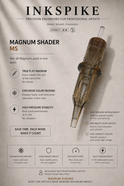 Inkspike Magnum Shader (MS) tattoo cartridge needle featuring flat magnum needle configuration, high stability, smooth ink flow, and consistent color packing for professional tattoo shading.