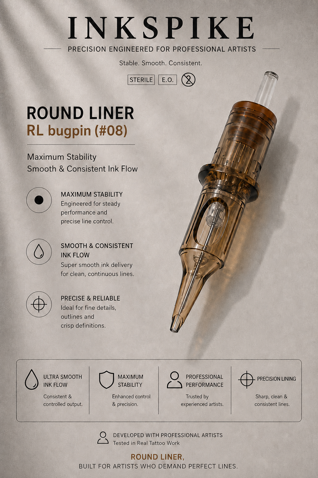 Inkspike Bugpin ( #08 ) Round Liner RL tattoo cartridge needle with maximum stability, smooth ink flow, and precise lining performance.