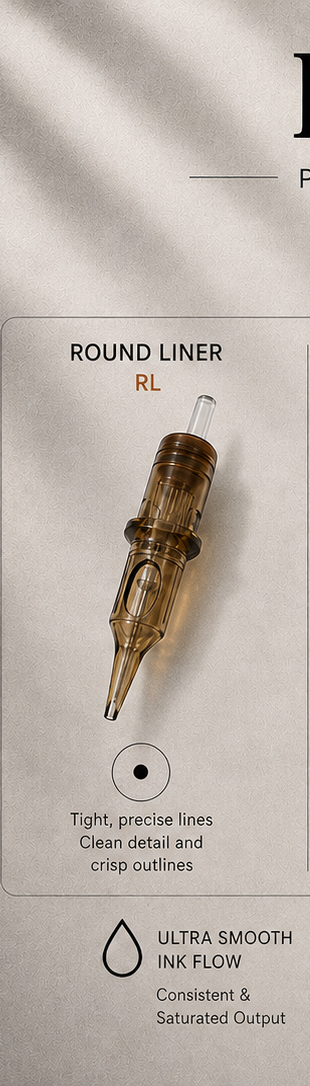 Close-up of Inkspike  round liner tattoo cartridge needle for precise lining and crisp outline