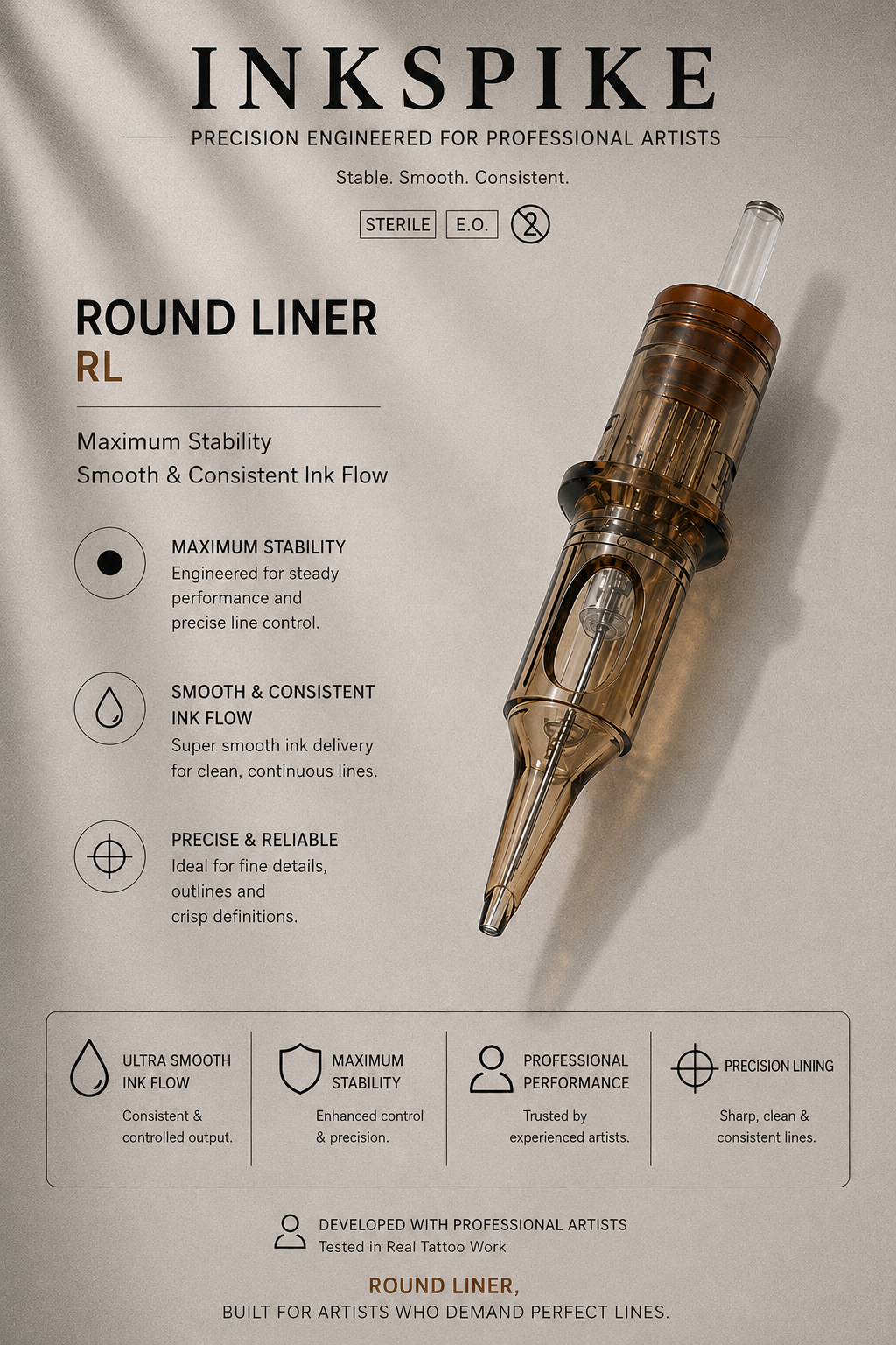 Inkspike Round Liner RL tattoo cartridge needle with maximum stability, smooth ink flow, and precise lining performance.