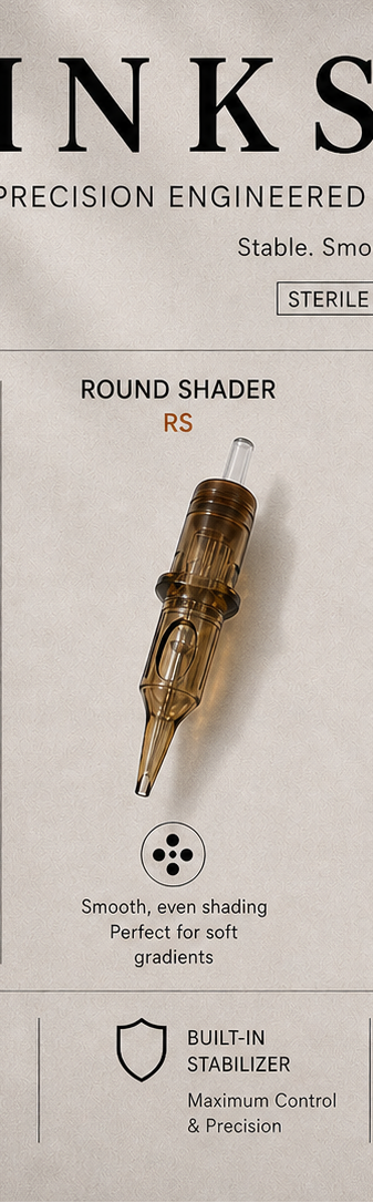 Close-up of Inkspike round shader tattoo cartridge needle for smooth shading and natural contours