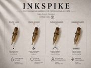 Inkspike professional tattoo cartridge needle types including round liner, round shader, curved magnum, and magnum shader for professional tattoo artists
