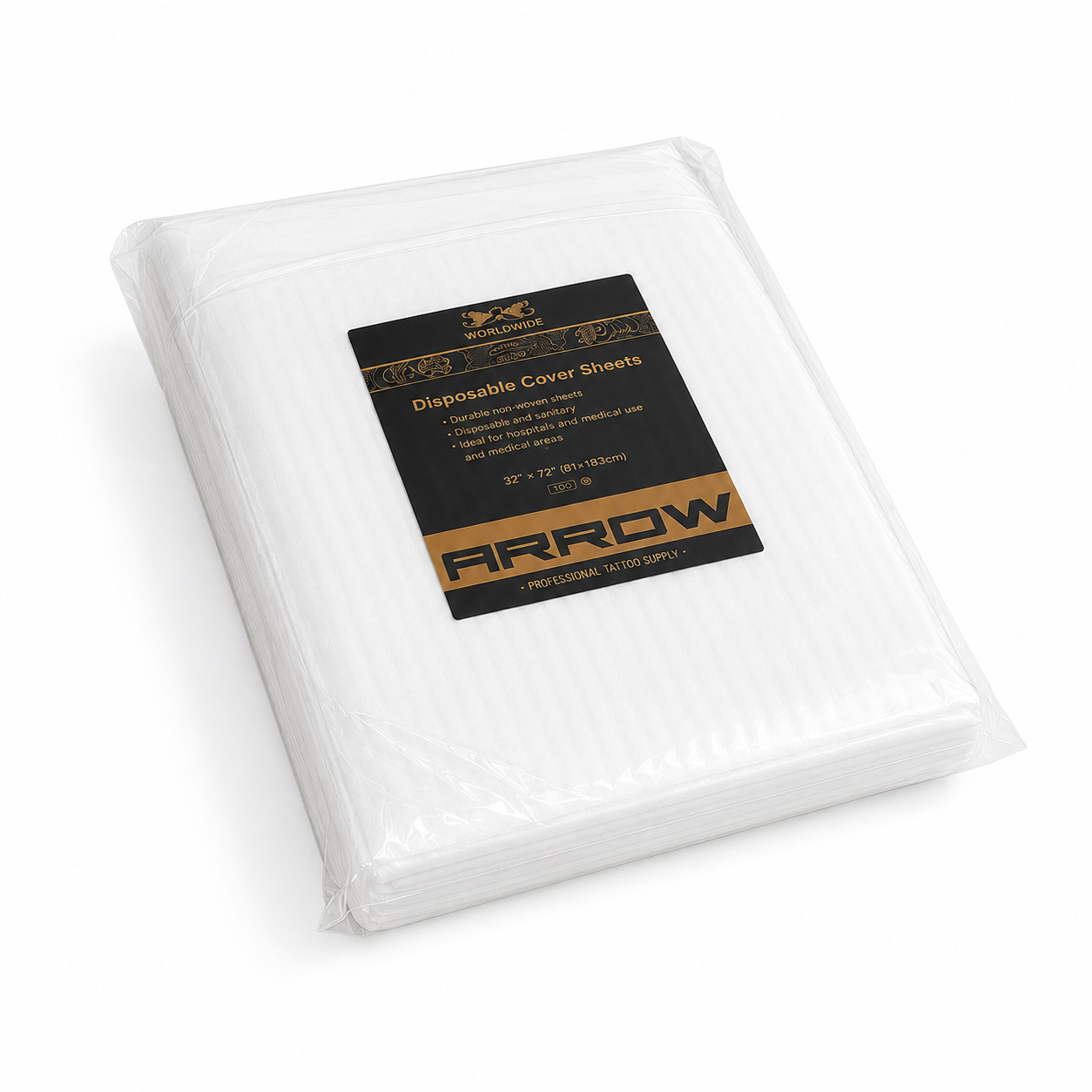 A package of Arrow brand white disposable cover sheets, sealed in clear plastic with a black and gold label, set against a neutral gray background.