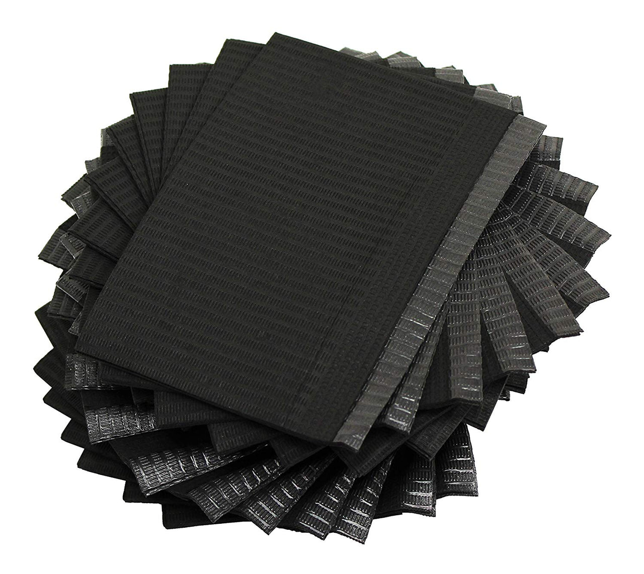 A stack of black textured paper napkins with a ribbed pattern, arranged on a neutral gray concrete-like surface.
Black Disposable Patient Bibs 125 PCS – Protective Tattoo Workstation Bibs