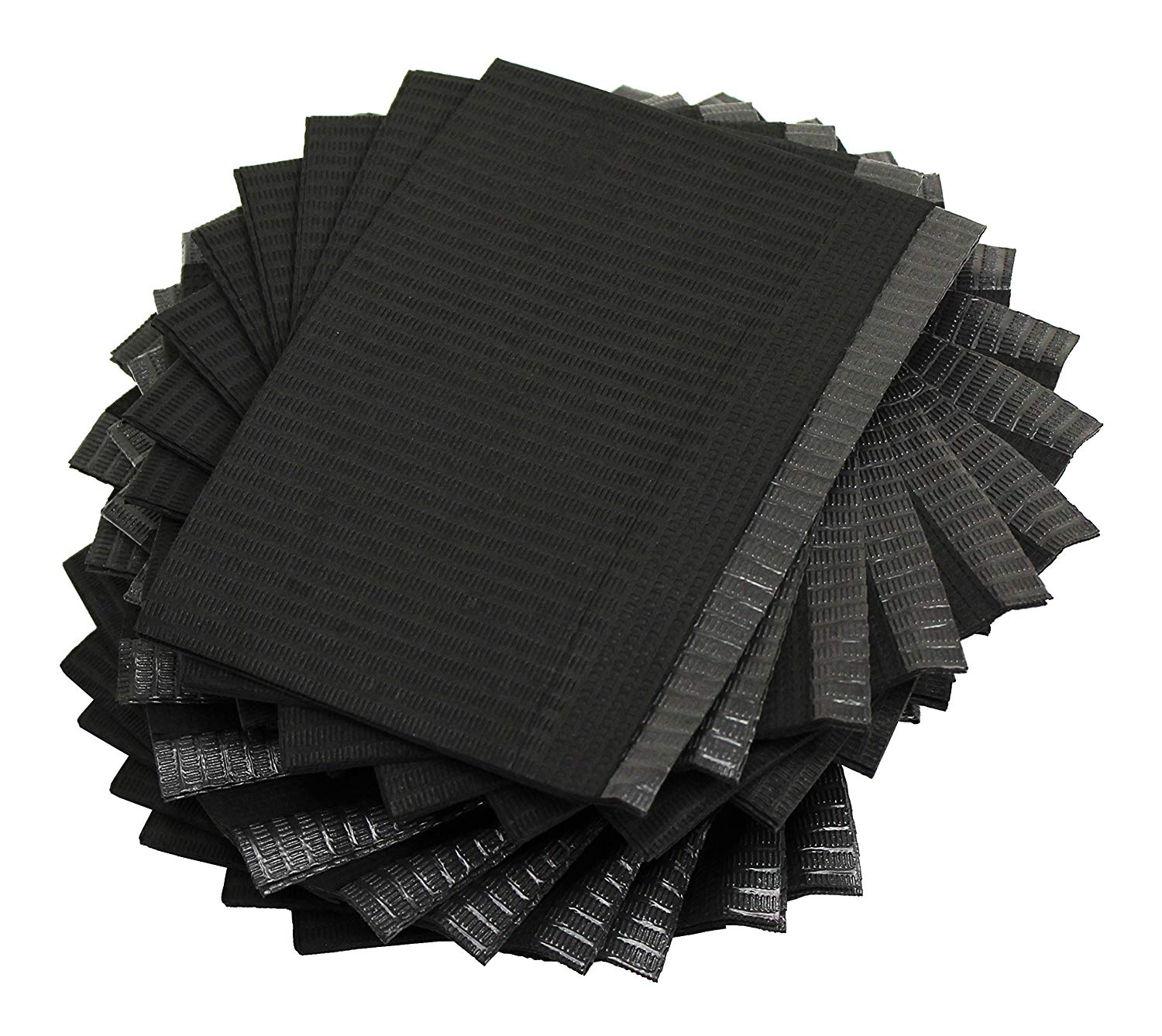 A stack of black textured paper napkins with a ribbed pattern, arranged on a neutral gray concrete-like surface.
Black Disposable Patient Bibs 125 PCS – Protective Tattoo Workstation Bibs